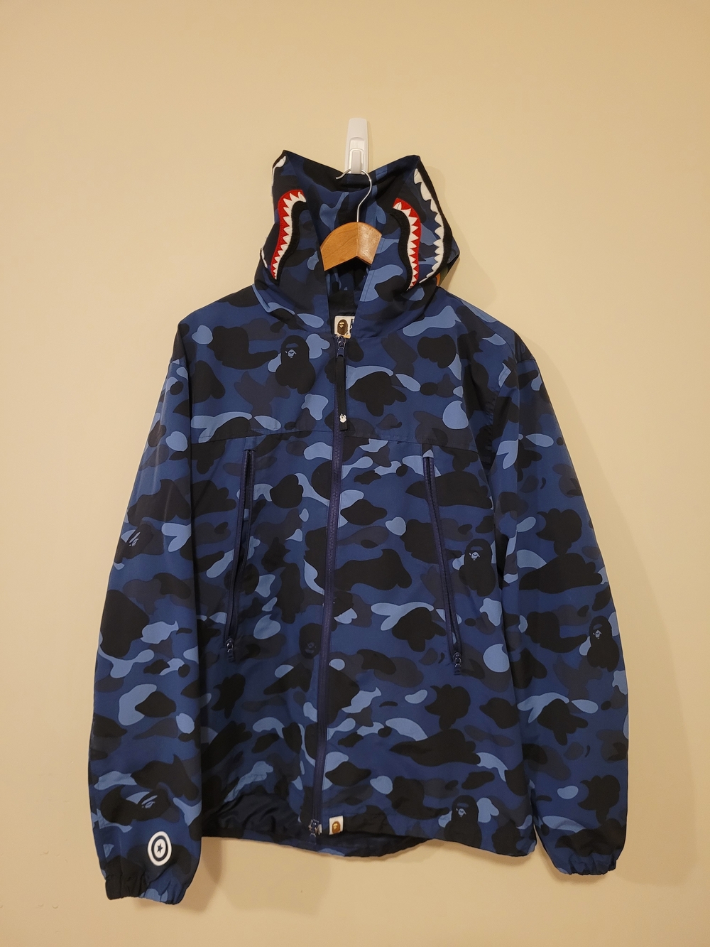 Authentic FW21 Bape Navy Blue Camo Shark Hoodie Jacket Men's Size XL